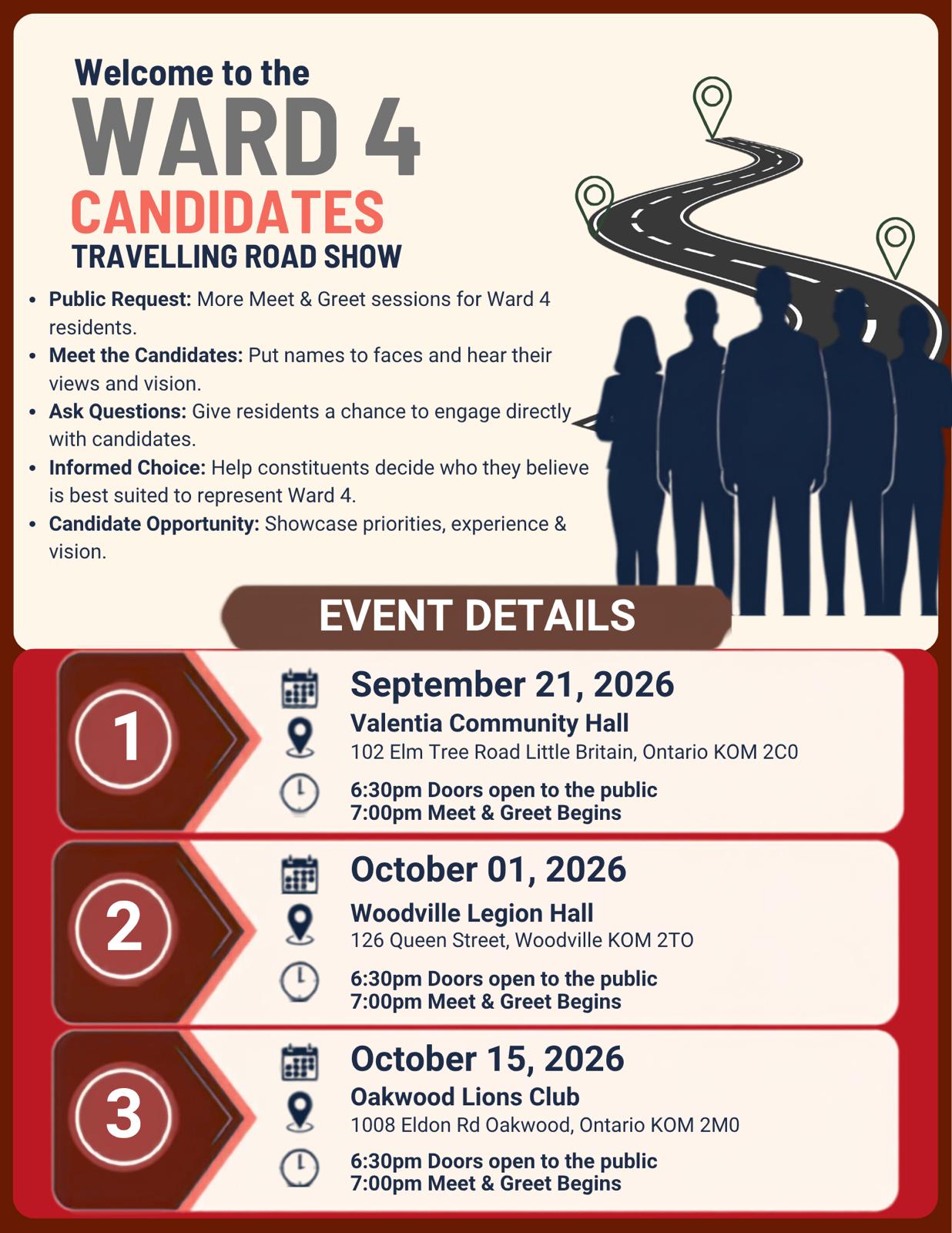 Ward 4 Candidates Travelling Road Show — September 21, October 1 & October 15, 2026