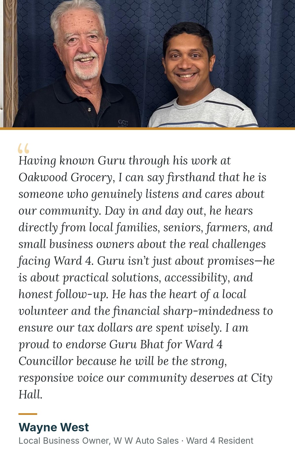 Testimonial from Wayne West, local business owner of W W Auto Sales and Ward 4 resident